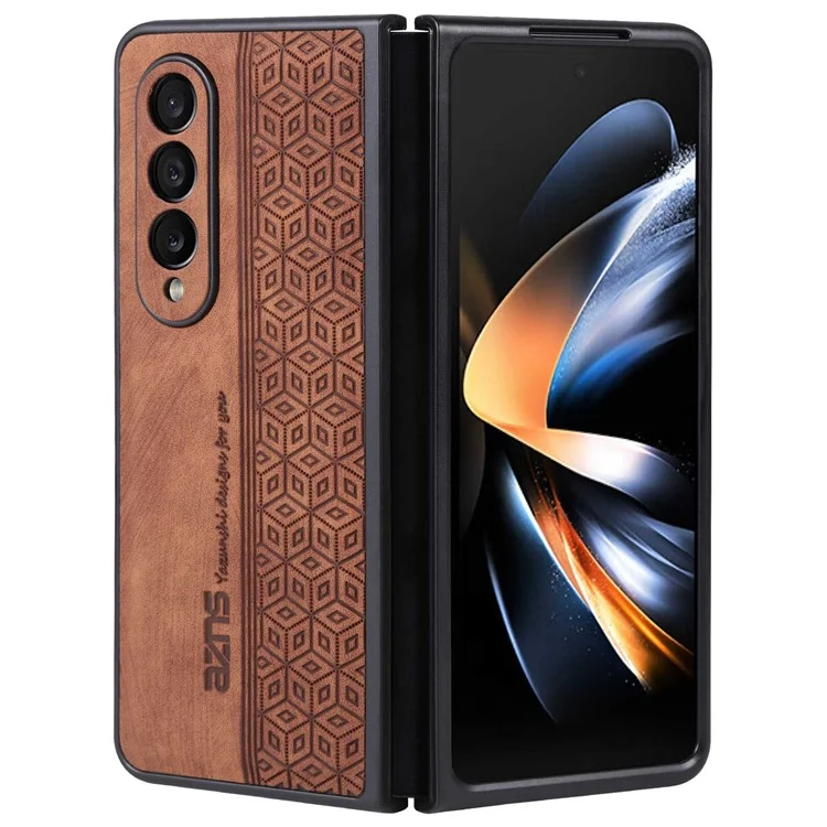 AZNS Phone Case For Samsung Galaxy Z Fold4 5G Imprinted Pattern PU Leather Coated TPU Anti-drop Back Cover - Brown