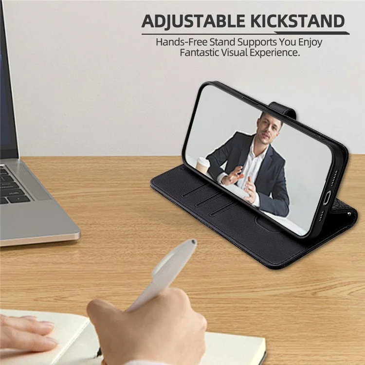 Funda tipo cartera con bandolera para iPhone 15 Pro Max con lentejuelas y cuero - Negro