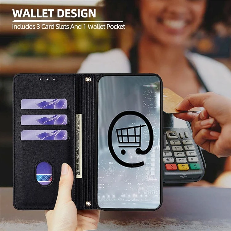 Funda tipo cartera con bandolera para iPhone 15 Pro Max con lentejuelas y cuero - Negro