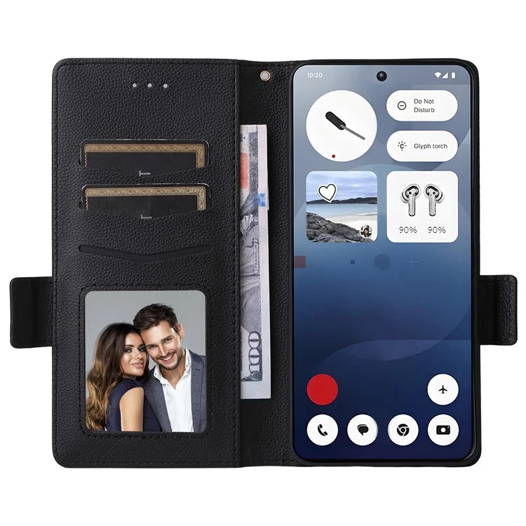 Cover a portafoglio per Nothing Phone (3a) con texture Litchi in pelle PU - Nero