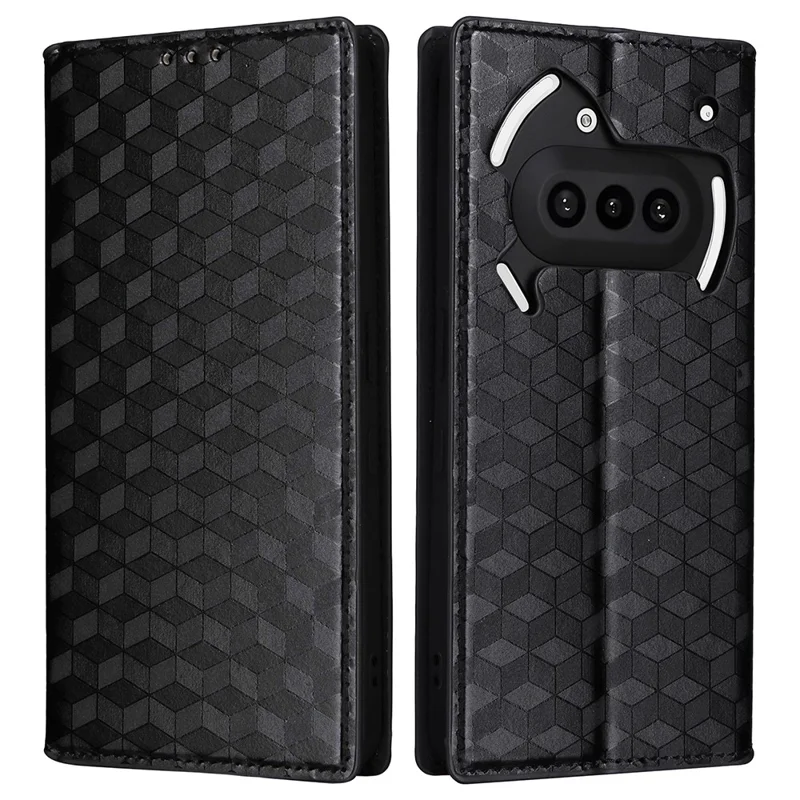For Nothing Phone (3a) Case Wallet Rhombus Imprinted Leather Phone Cover - Black