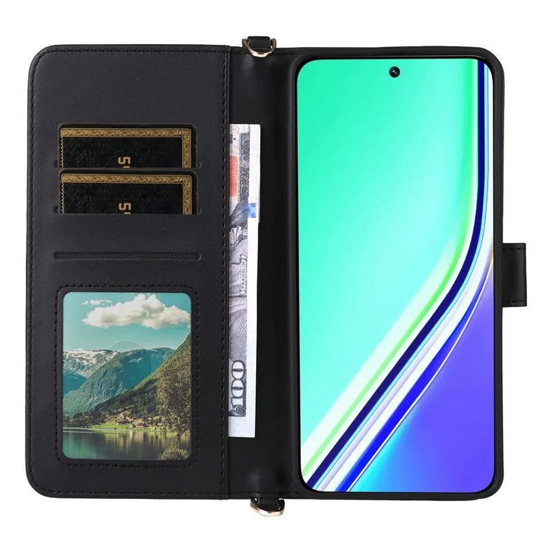 Étui pour Realme P3 Pro 5G avec Sangle de Shoulder Portefeuille Housse en Cuir pour Téléphone - Noir