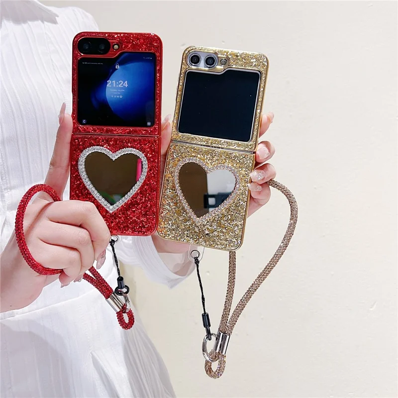 For Samsung Galaxy Z Flip7 FE 5G / Z Flip6 5G Case with Strap, Mirror TPU + PC Sparkling Glitter Phone Back Cover - Red