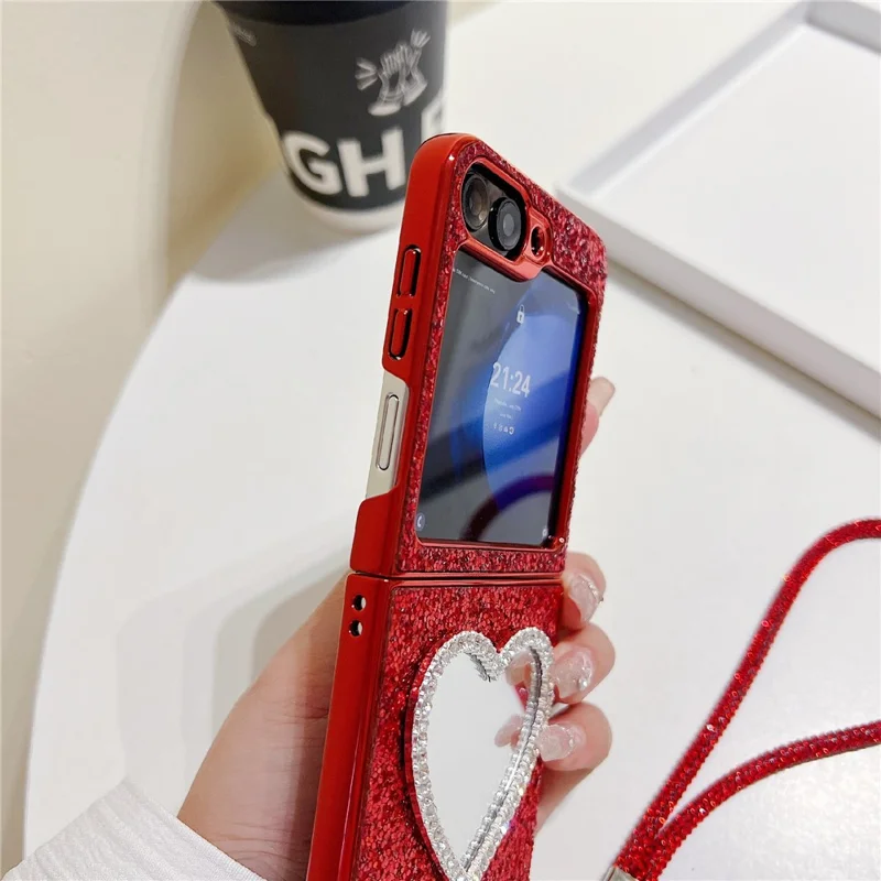 For Samsung Galaxy Z Flip7 FE 5G / Z Flip6 5G Case with Strap, Mirror TPU + PC Sparkling Glitter Phone Back Cover - Red