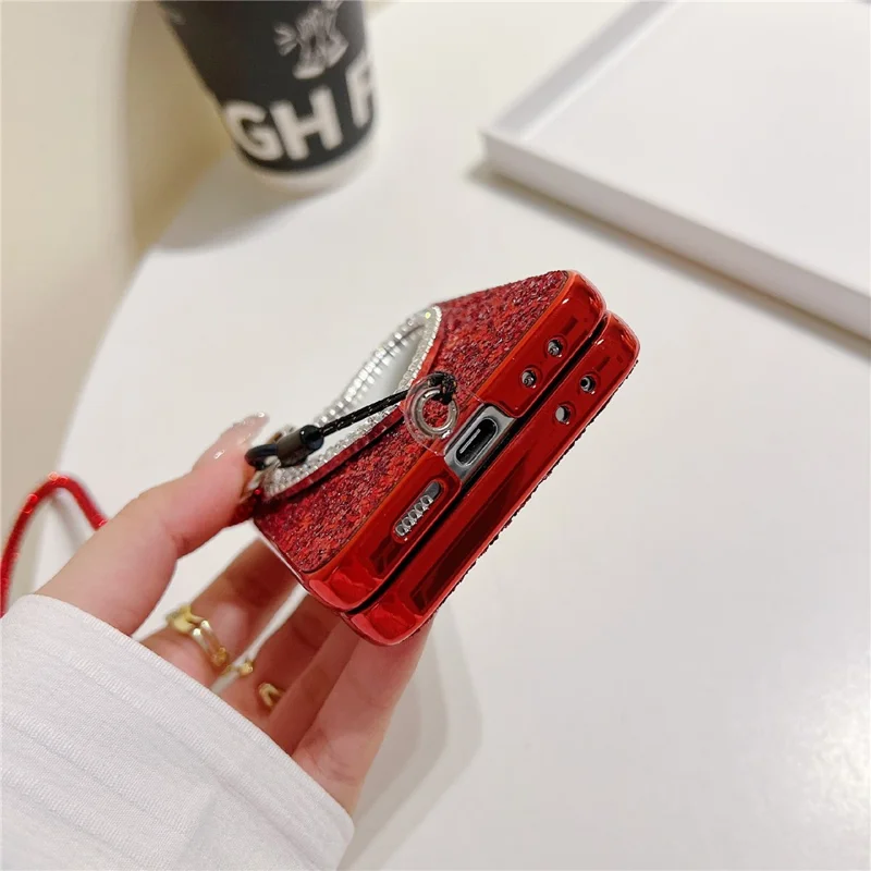 For Samsung Galaxy Z Flip7 FE 5G / Z Flip6 5G Case with Strap, Mirror TPU + PC Sparkling Glitter Phone Back Cover - Red