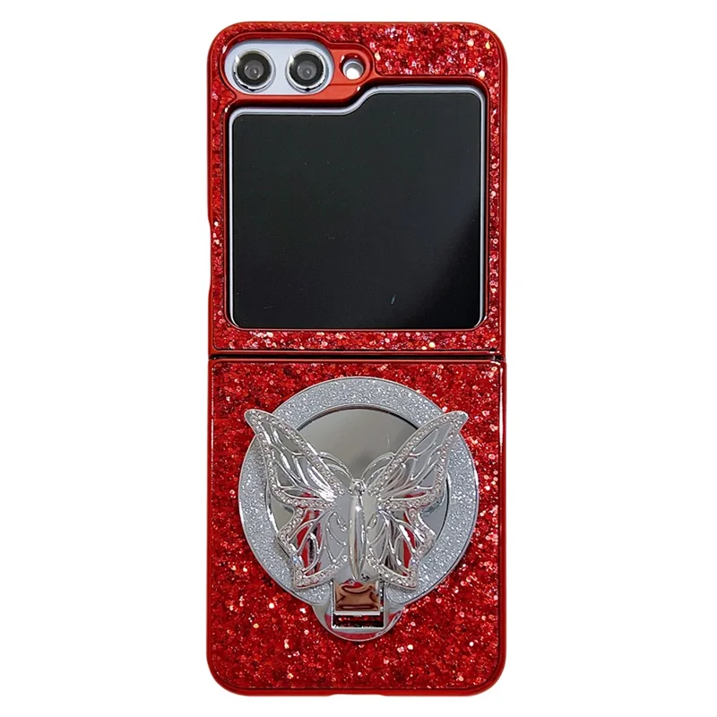 For Samsung Galaxy Z Flip7 FE 5G / Z Flip6 5G Case with Mirror Butterfly Kickstand Glitter TPU + PC Phone Cover - Red