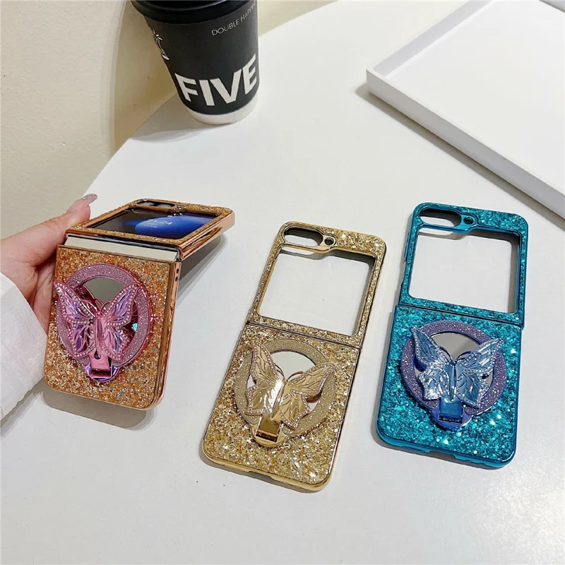 For Samsung Galaxy Z Flip7 FE 5G / Z Flip6 5G Case with Mirror Butterfly Kickstand Glitter TPU + PC Phone Cover - Red