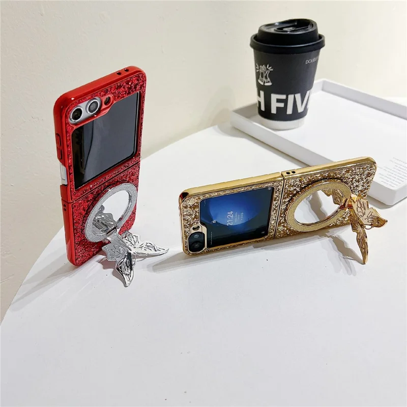 For Samsung Galaxy Z Flip7 FE 5G / Z Flip6 5G Case with Mirror Butterfly Kickstand Glitter TPU + PC Phone Cover - Red