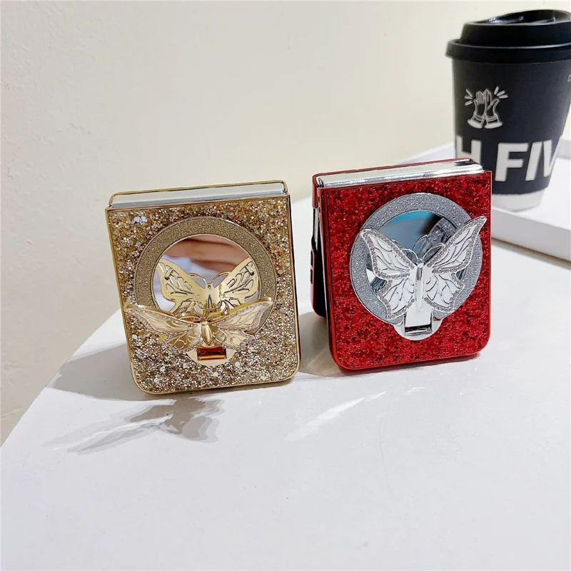 For Samsung Galaxy Z Flip7 FE 5G / Z Flip6 5G Case with Mirror Butterfly Kickstand Glitter TPU + PC Phone Cover - Red