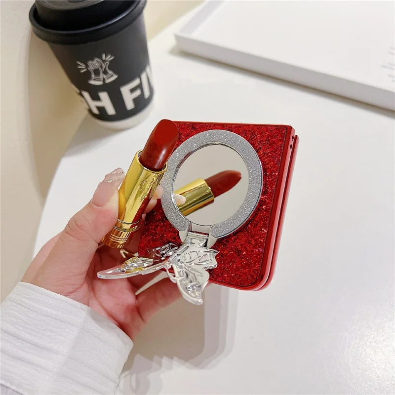 For Samsung Galaxy Z Flip7 FE 5G / Z Flip6 5G Case with Mirror Butterfly Kickstand Glitter TPU + PC Phone Cover - Red