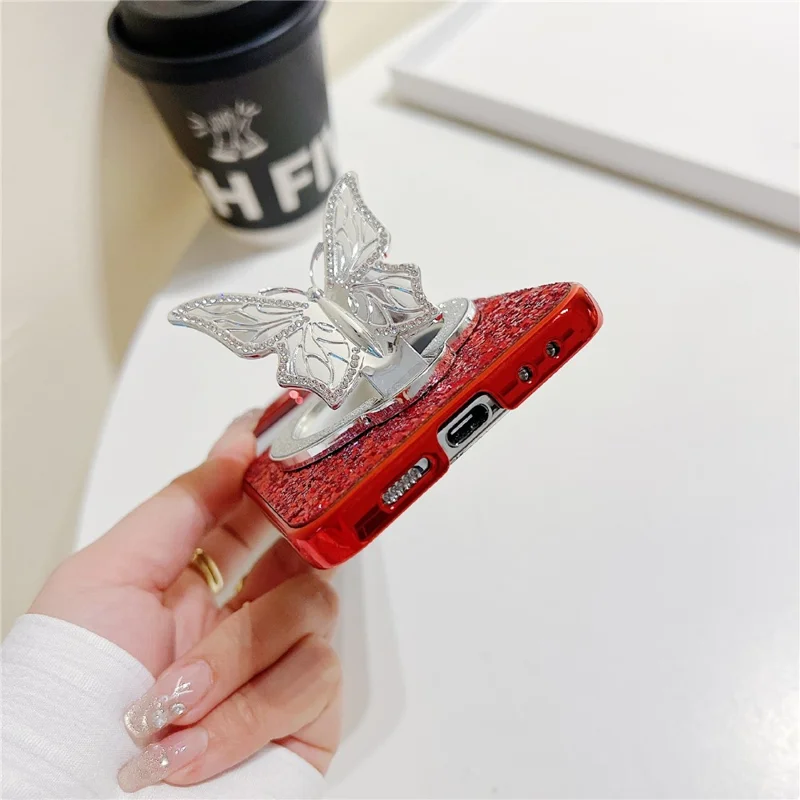 For Samsung Galaxy Z Flip7 FE 5G / Z Flip6 5G Case with Mirror Butterfly Kickstand Glitter TPU + PC Phone Cover - Red