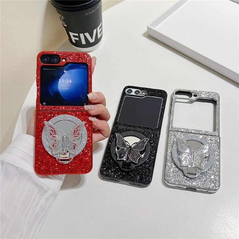For Samsung Galaxy Z Flip7 FE 5G / Z Flip6 5G Case with Mirror Butterfly Kickstand Glitter TPU + PC Phone Cover - Red