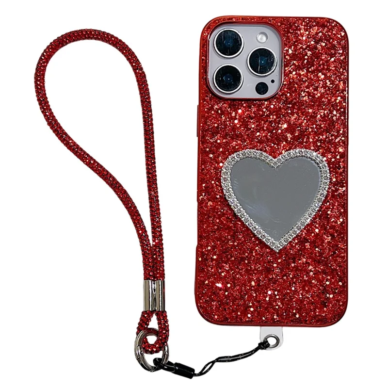 For iPhone 16 Pro Case with Strap, Mirror TPU + PC Sparkling Glitter Phone Back Cover - Red