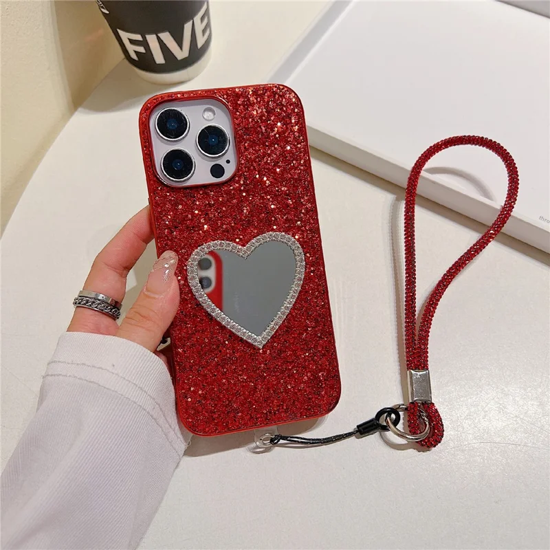 For iPhone 16 Pro Case with Strap, Mirror TPU + PC Sparkling Glitter Phone Back Cover - Red