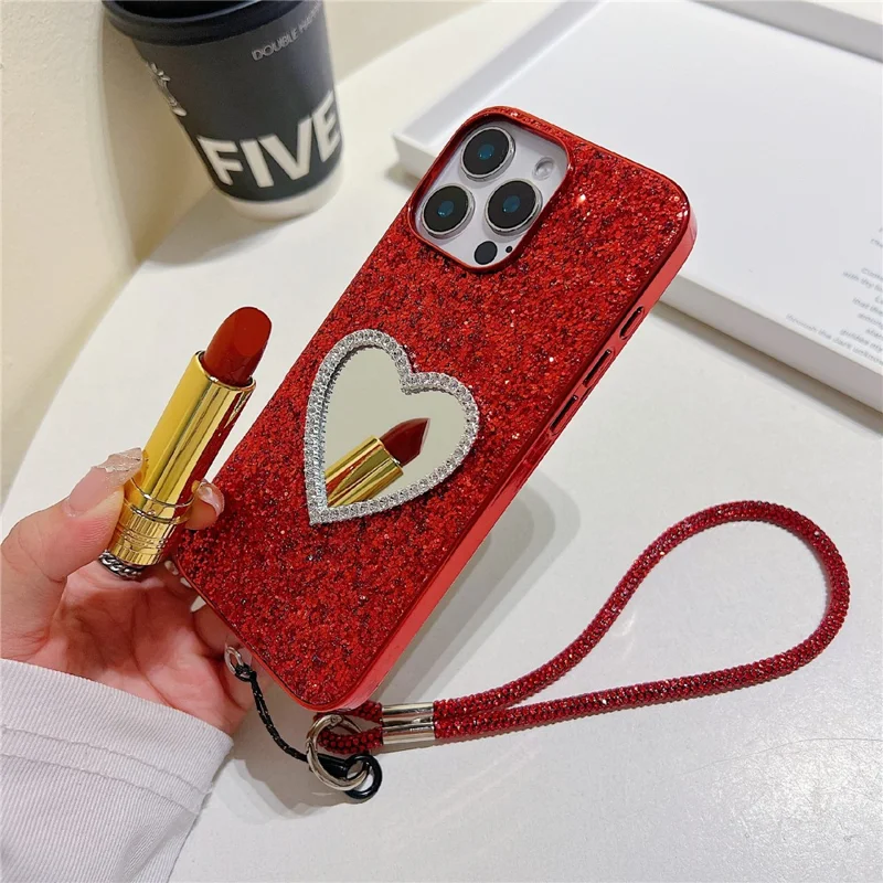 For iPhone 16 Pro Case with Strap, Mirror TPU + PC Sparkling Glitter Phone Back Cover - Red