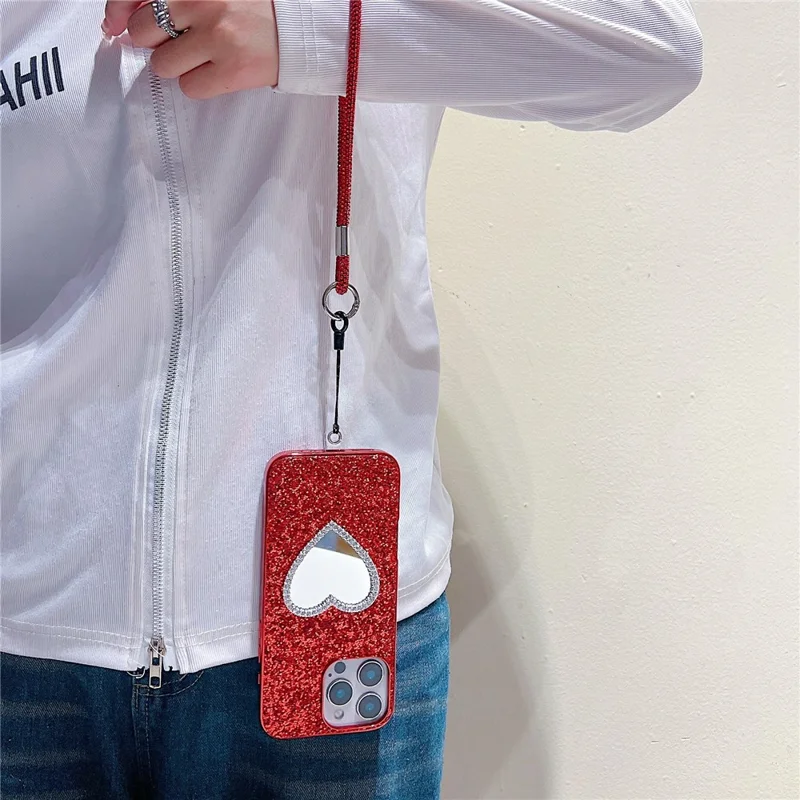 For iPhone 16 Pro Case with Strap, Mirror TPU + PC Sparkling Glitter Phone Back Cover - Red