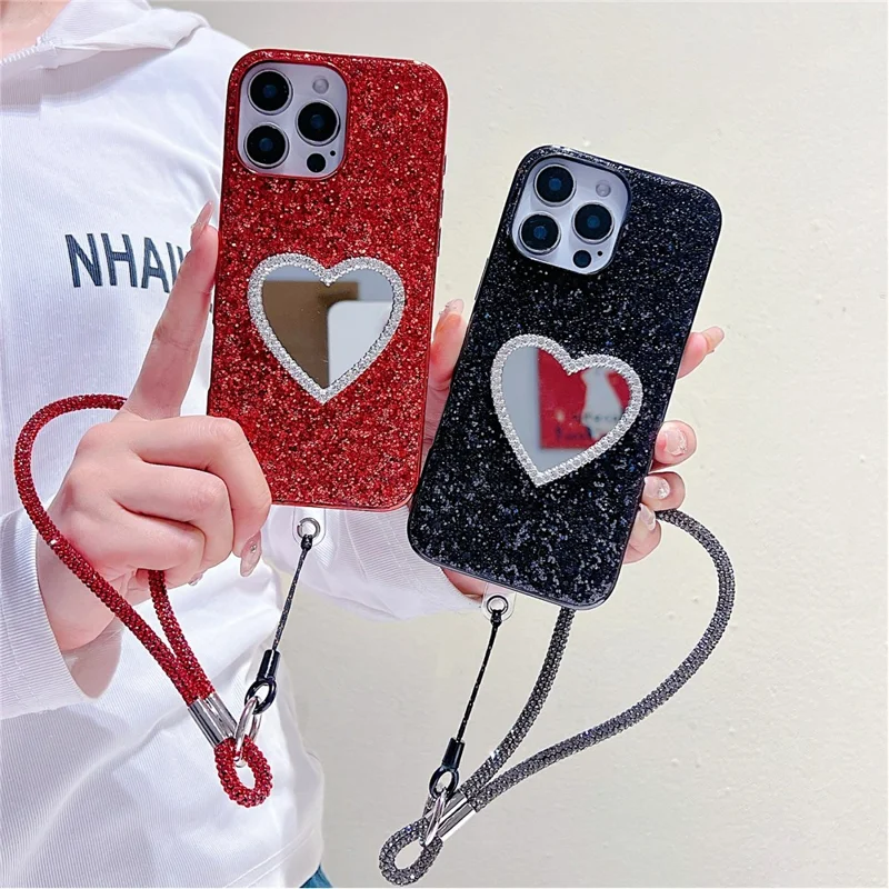 For iPhone 16 Pro Case with Strap, Mirror TPU + PC Sparkling Glitter Phone Back Cover - Red