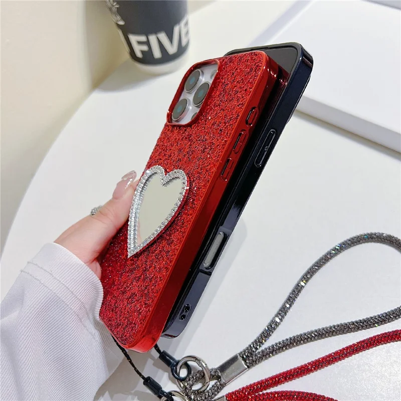 For iPhone 16 Pro Case with Strap, Mirror TPU + PC Sparkling Glitter Phone Back Cover - Red