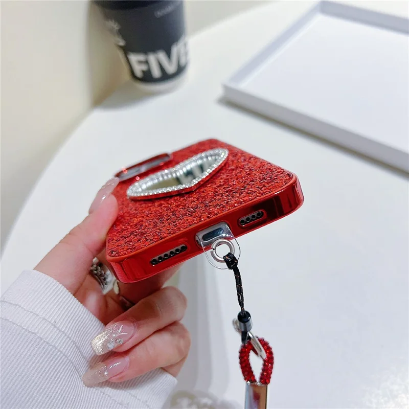 For iPhone 16 Pro Case with Strap, Mirror TPU + PC Sparkling Glitter Phone Back Cover - Red