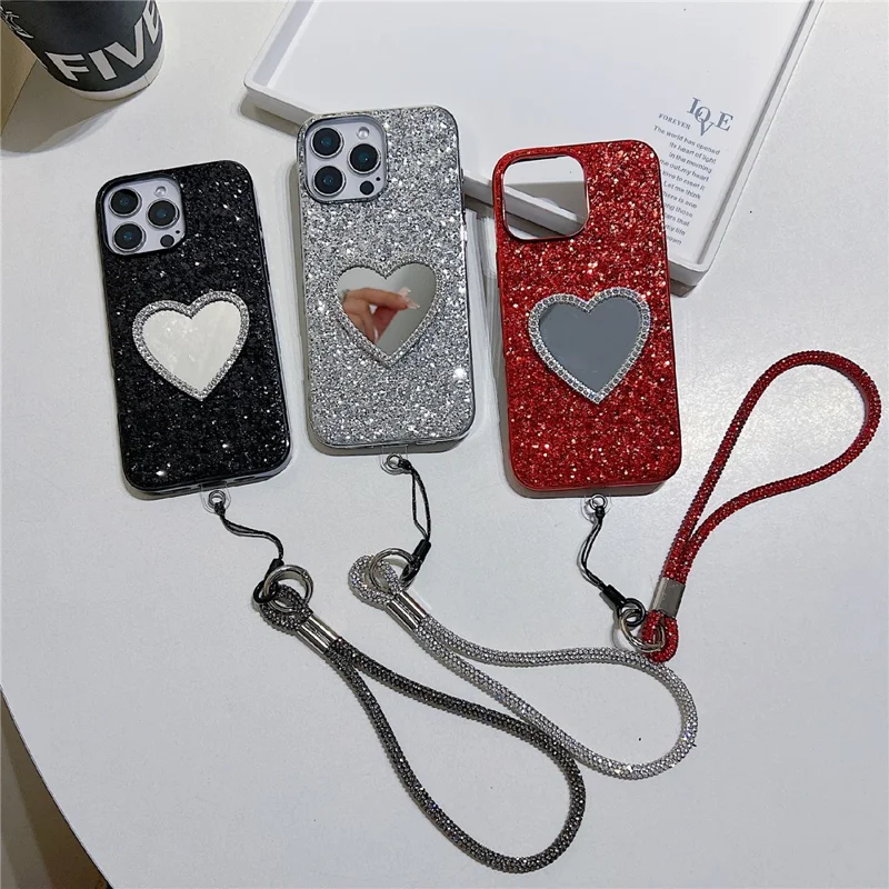 For iPhone 16 Pro Case with Strap, Mirror TPU + PC Sparkling Glitter Phone Back Cover - Red