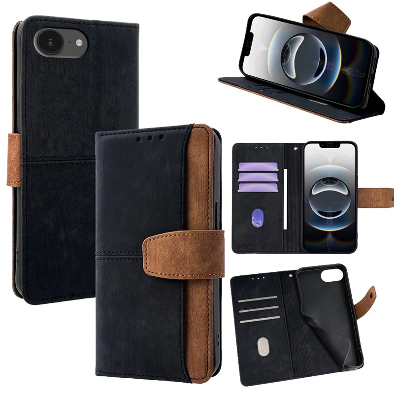 For iPhone 16e Hoesje met RFID-blokkering Kleurcombinatie PU Leer Wallet Telefoonhoes - Zwart
