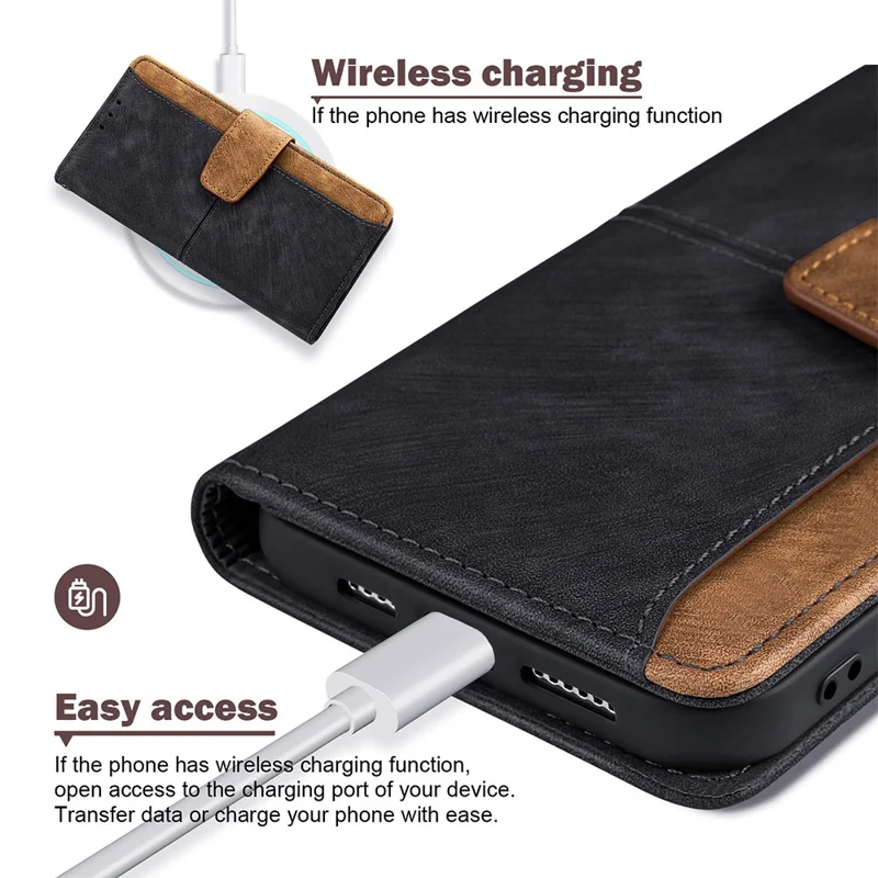 For iPhone 16e Hoesje met RFID-blokkering Kleurcombinatie PU Leer Wallet Telefoonhoes - Zwart
