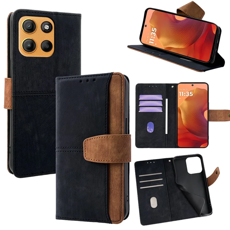 Para Motorola Moto G15 Power 4G / Funda G15 4G Bloqueo RFID Empalme de color Cartera de cuero PU Cubierta de teléfono - Negro
