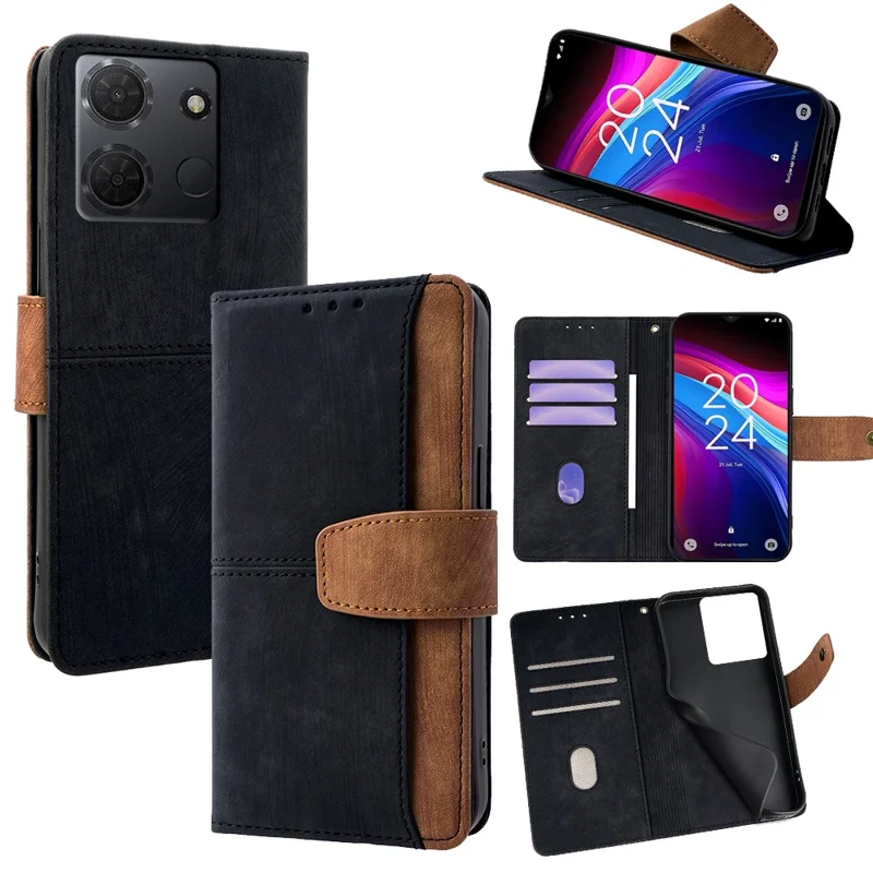 For TCL 503 Case RFID Blocking Color Splicing PU Leather Wallet Phone Cover - Black