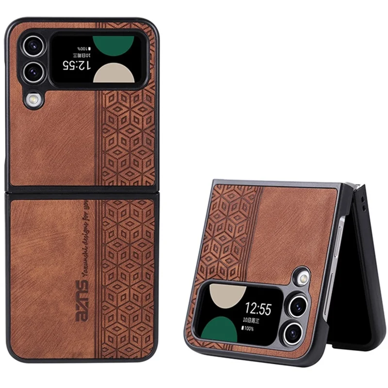 AZNS لجهاز Samsung Galaxy Z Flip4 5G غطاء هاتف بتصميم مطبوع من جلد PU مطلي بطبقة خلفية صلبة من مادة البولي كربونات - بني
