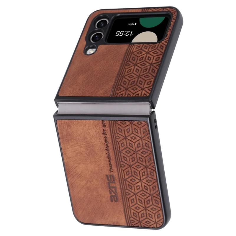 AZNS لجهاز Samsung Galaxy Z Flip4 5G غطاء هاتف بتصميم مطبوع من جلد PU مطلي بطبقة خلفية صلبة من مادة البولي كربونات - بني