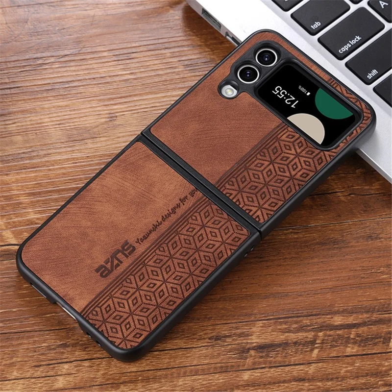 AZNS لجهاز Samsung Galaxy Z Flip4 5G غطاء هاتف بتصميم مطبوع من جلد PU مطلي بطبقة خلفية صلبة من مادة البولي كربونات - بني