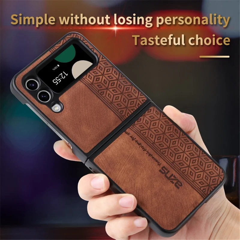 AZNS لجهاز Samsung Galaxy Z Flip4 5G غطاء هاتف بتصميم مطبوع من جلد PU مطلي بطبقة خلفية صلبة من مادة البولي كربونات - بني