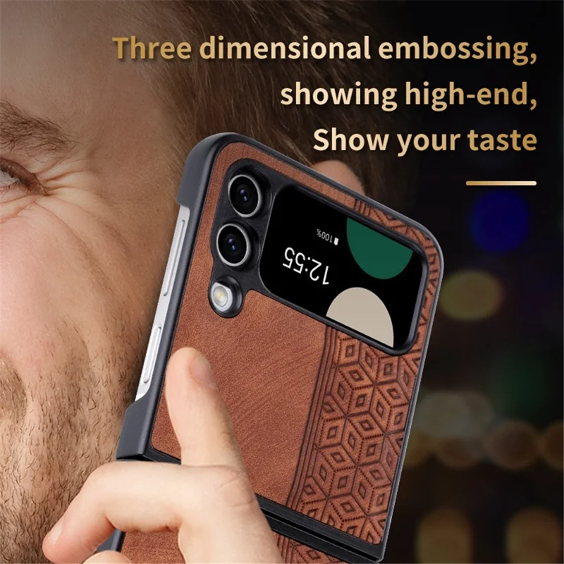 AZNS لجهاز Samsung Galaxy Z Flip4 5G غطاء هاتف بتصميم مطبوع من جلد PU مطلي بطبقة خلفية صلبة من مادة البولي كربونات - بني