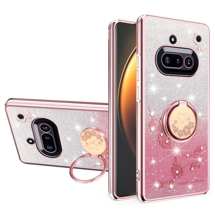 KADEM For Nothing Phone (3a) Case Ring Kickstand TPU Flowers Phone Cover Gradient Glitter - Rose Gold