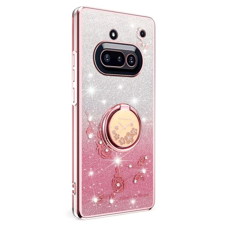 KADEM For Nothing Phone (3a) Case Ring Kickstand TPU Flowers Phone Cover Gradient Glitter - Rose Gold