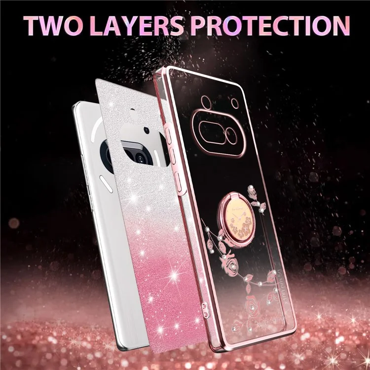 KADEM For Nothing Phone (3a) Case Ring Kickstand TPU Flowers Phone Cover Gradient Glitter - Rose Gold