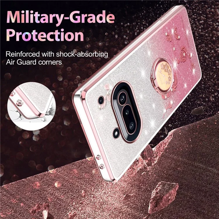KADEM For Nothing Phone (3a) Case Ring Kickstand TPU Flowers Phone Cover Gradient Glitter - Rose Gold