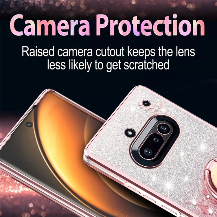 KADEM For Nothing Phone (3a) Case Ring Kickstand TPU Flowers Phone Cover Gradient Glitter - Rose Gold