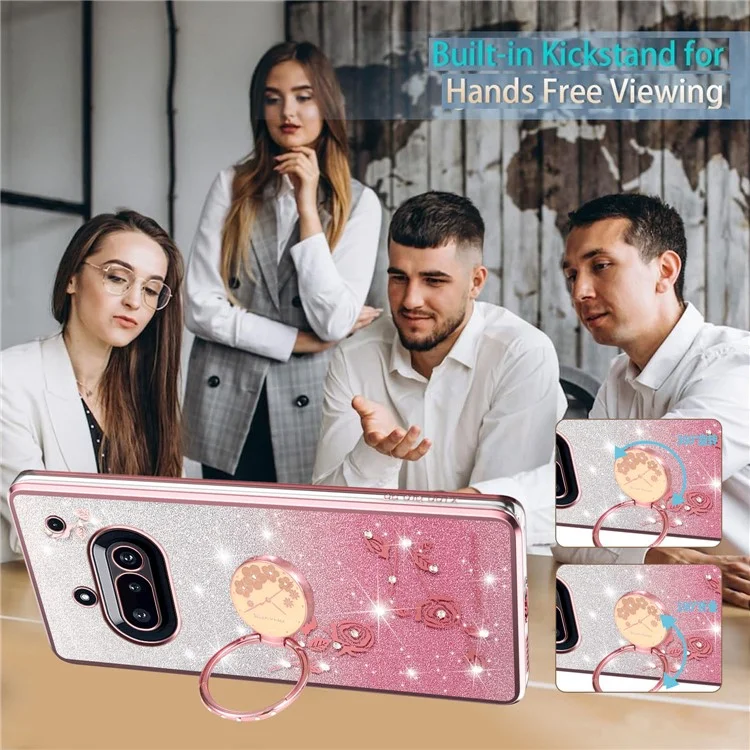 KADEM For Nothing Phone (3a) Case Ring Kickstand TPU Flowers Phone Cover Gradient Glitter - Rose Gold