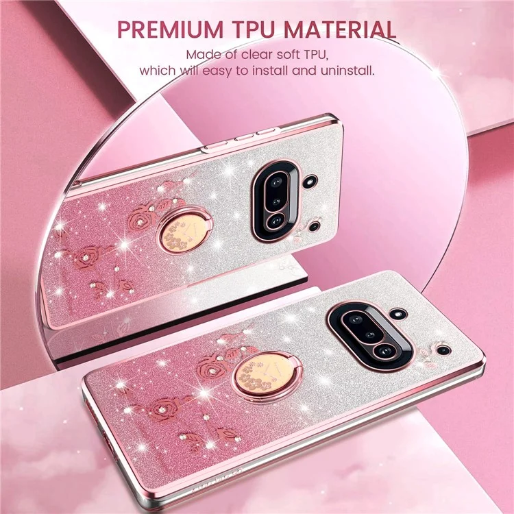 KADEM For Nothing Phone (3a) Case Ring Kickstand TPU Flowers Phone Cover Gradient Glitter - Rose Gold