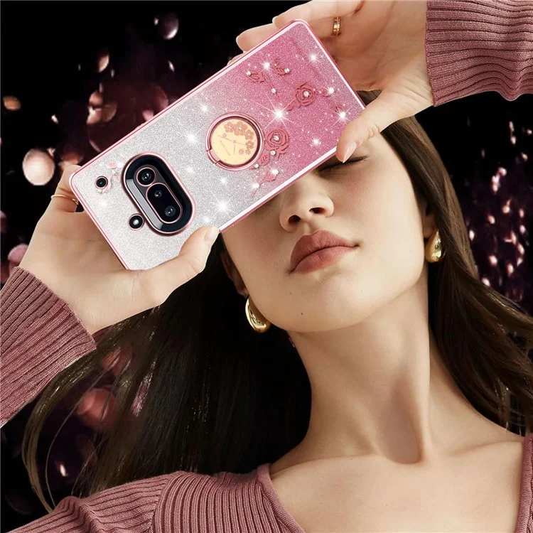 KADEM For Nothing Phone (3a) Case Ring Kickstand TPU Flowers Phone Cover Gradient Glitter - Rose Gold