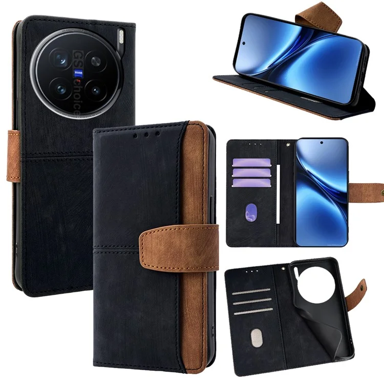 Capa para vivo X200 Pro 5G com Bloqueio RFID, Splicing de Cor, Carteira de Couro PU - Preta