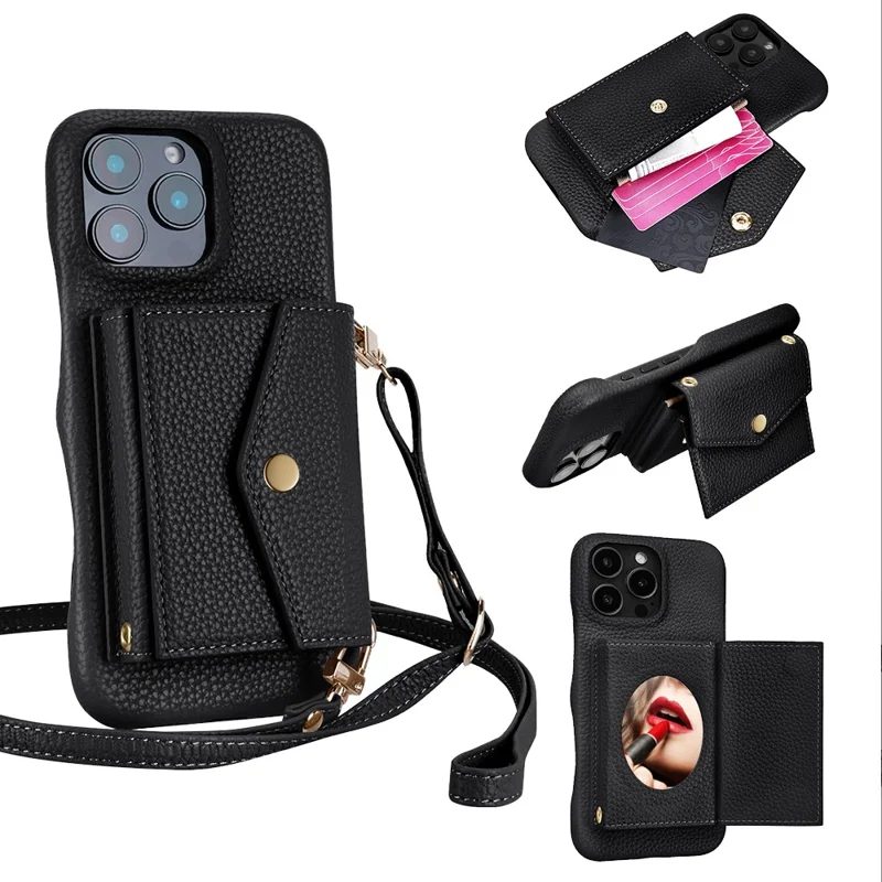 For iPhone 16 Pro Max Case Mirror Design Card Slots Leather Back Cover with Shoulder Strap - Black