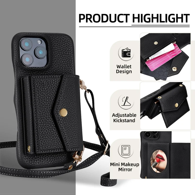 For iPhone 16 Pro Max Case Mirror Design Card Slots Leather Back Cover with Shoulder Strap - Black