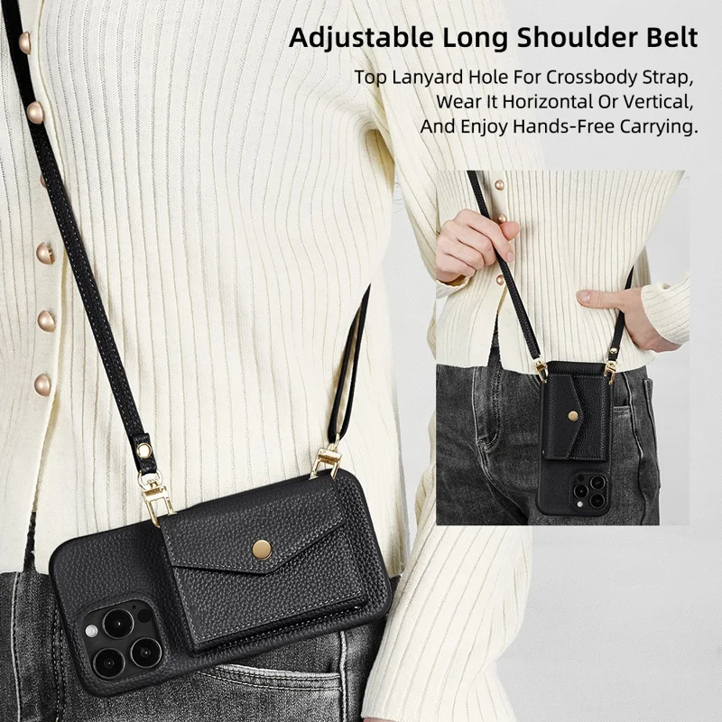 For iPhone 16 Pro Max Case Mirror Design Card Slots Leather Back Cover with Shoulder Strap - Black