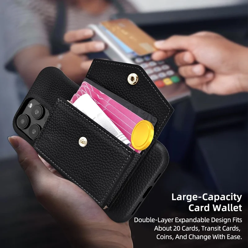 For iPhone 16 Pro Max Case Mirror Design Card Slots Leather Back Cover with Shoulder Strap - Black