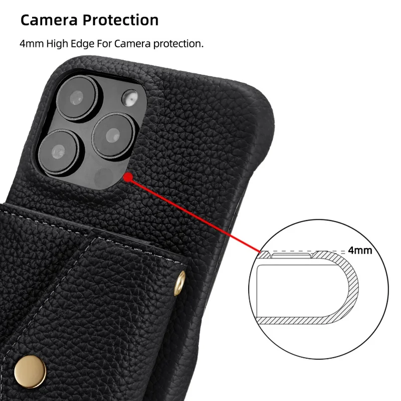 For iPhone 16 Pro Max Case Mirror Design Card Slots Leather Back Cover with Shoulder Strap - Black