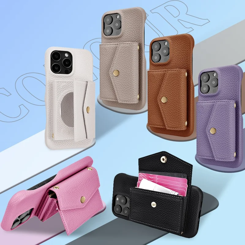 For iPhone 16 Pro Max Case Mirror Design Card Slots Leather Back Cover with Shoulder Strap - Black