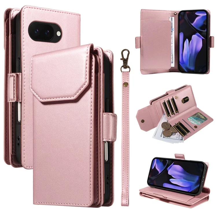 For Google Pixel 9a Case with Multi-Card Holder and Strap PU Leather Phone Cover Stand - Rose Gold