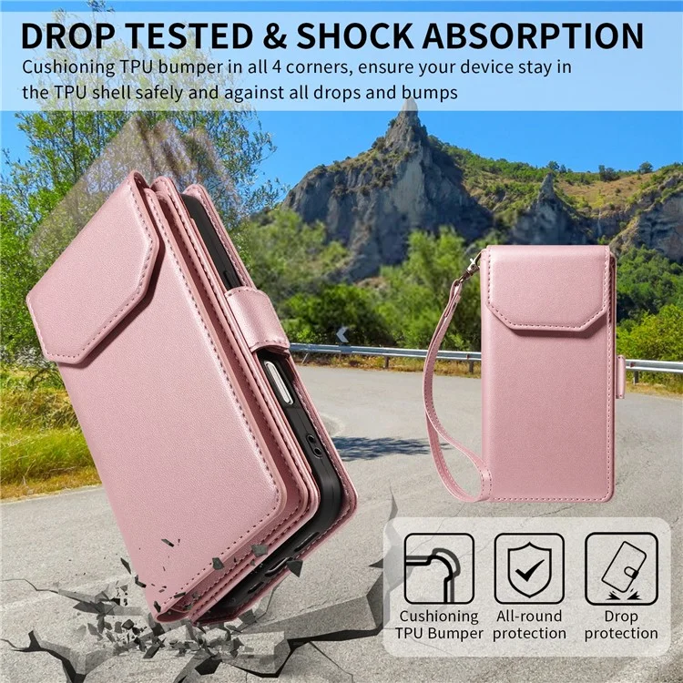 For Google Pixel 9a Case with Multi-Card Holder and Strap PU Leather Phone Cover Stand - Rose Gold